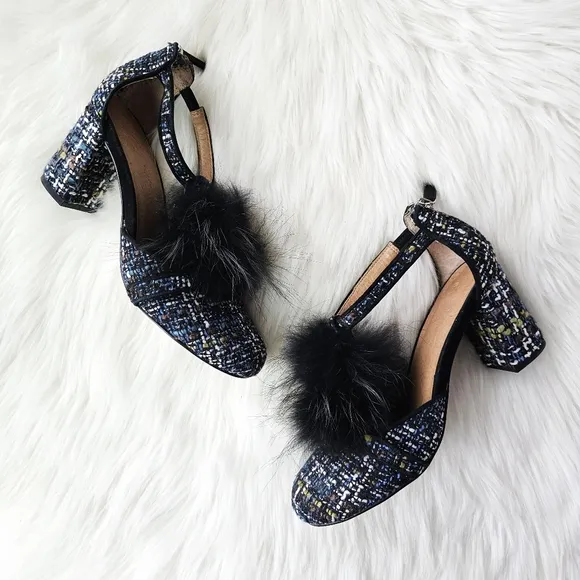 ANTHROPOLOGIE BETTYE MULLER Real Raccoon Fur Tweed T-strap Heels Sandals