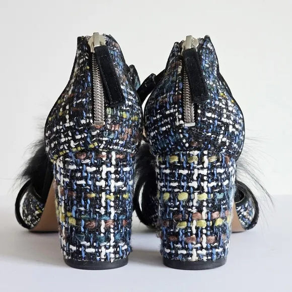 ANTHROPOLOGIE BETTYE MULLER Real Raccoon Fur Tweed T-strap Heels Sandals