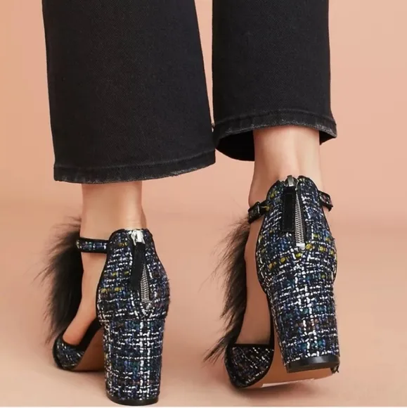 ANTHROPOLOGIE BETTYE MULLER Real Raccoon Fur Tweed T-strap Heels Sandals