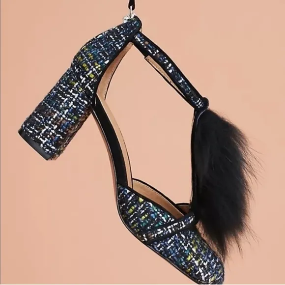 ANTHROPOLOGIE BETTYE MULLER Real Raccoon Fur Tweed T-strap Heels Sandals
