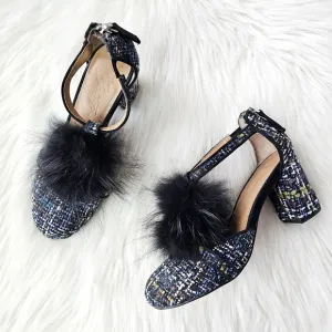 ANTHROPOLOGIE BETTYE MULLER Real Raccoon Fur Tweed T-strap Heels Sandals