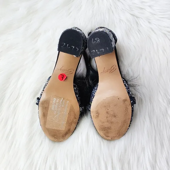 ANTHROPOLOGIE BETTYE MULLER Real Raccoon Fur Tweed T-strap Heels Sandals