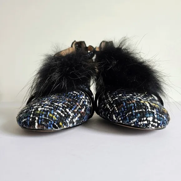 ANTHROPOLOGIE BETTYE MULLER Real Raccoon Fur Tweed T-strap Heels Sandals