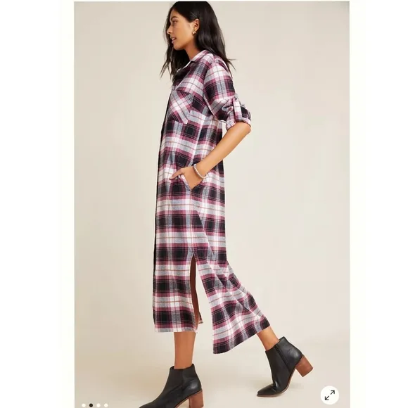 Anthropologie Cloth &amp; Stone Plaid Maxi Shirtdress Size XS