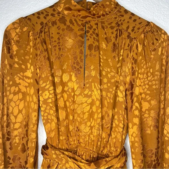 Anthropologie Jacquard Mini Dress Maize Gold Leopard Print Long Sleeve size XS