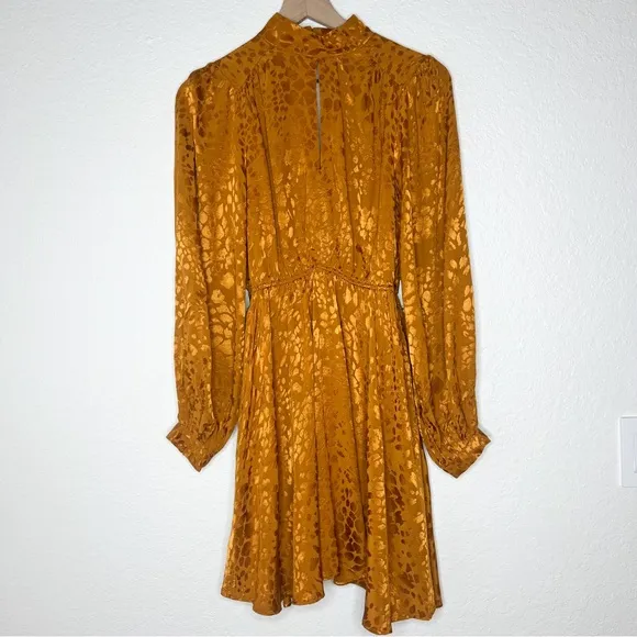 Anthropologie Jacquard Mini Dress Maize Gold Leopard Print Long Sleeve size XS