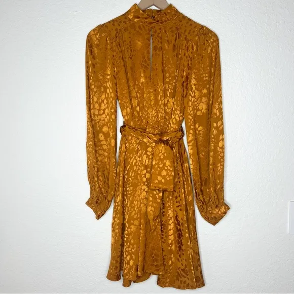 Anthropologie Jacquard Mini Dress Maize Gold Leopard Print Long Sleeve size XS