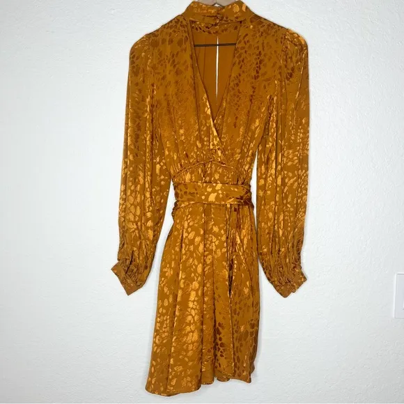 Anthropologie Jacquard Mini Dress Maize Gold Leopard Print Long Sleeve size XS