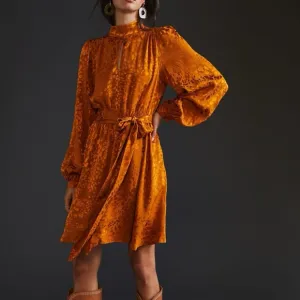 Anthropologie Jacquard Mini Dress Maize Gold Leopard Print Long Sleeve size XS