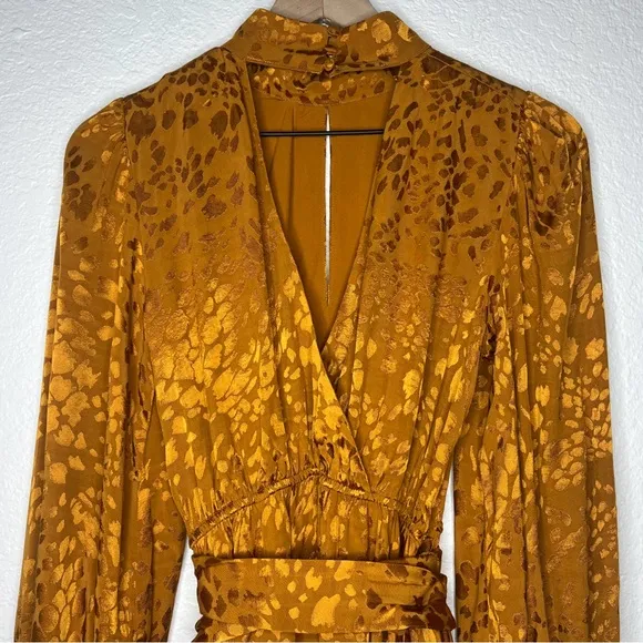 Anthropologie Jacquard Mini Dress Maize Gold Leopard Print Long Sleeve size XS