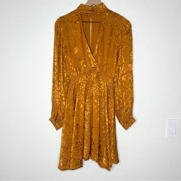 Anthropologie Jacquard Mini Dress Maize Gold Leopard Print Long Sleeve size XS