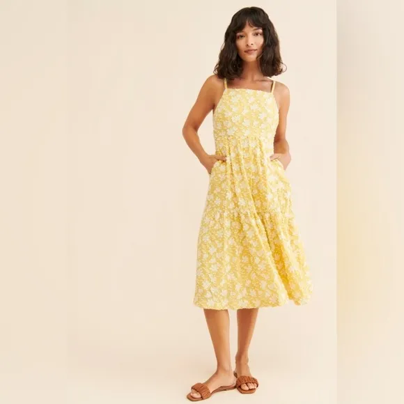 Anthropologie Maeve Rhonda Textured Midi Dress Yellow Floral