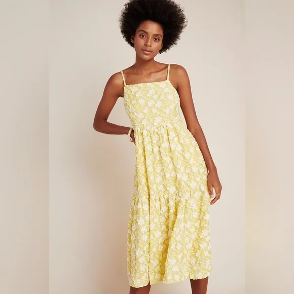 Anthropologie Maeve Rhonda Textured Midi Dress Yellow Floral