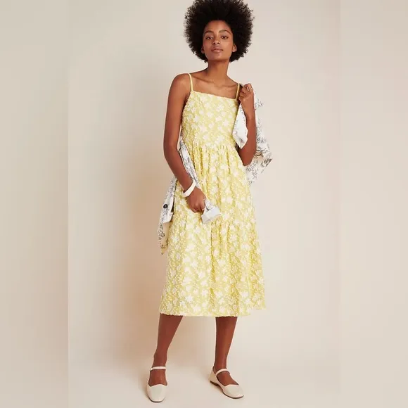 Anthropologie Maeve Rhonda Textured Midi Dress Yellow Floral