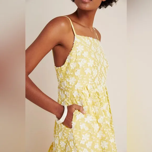 Anthropologie Maeve Rhonda Textured Midi Dress Yellow Floral