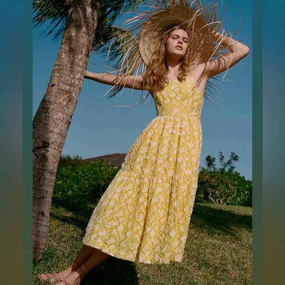 Anthropologie Maeve Rhonda Textured Midi Dress Yellow Floral
