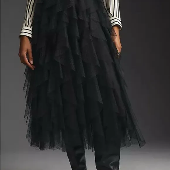 Anthropologie Ruffled Tulle Midi Skirt in Black – Sz M NWOT | Top-Rated