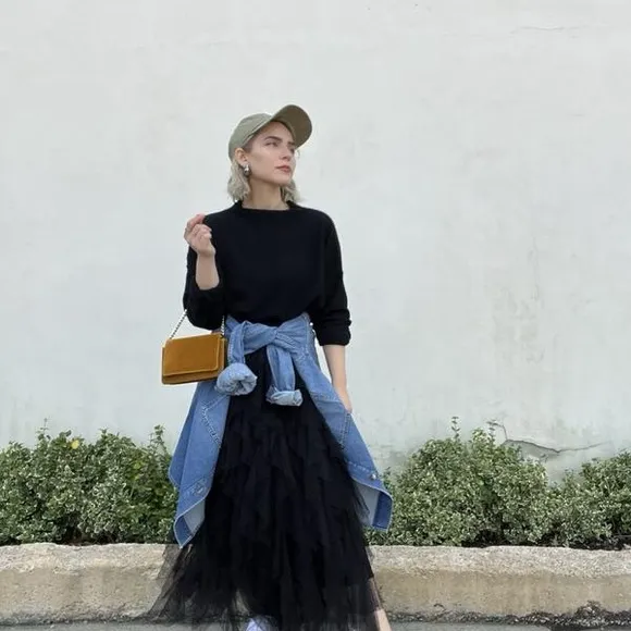 Anthropologie Ruffled Tulle Midi Skirt in Black – Sz M NWOT | Top-Rated
