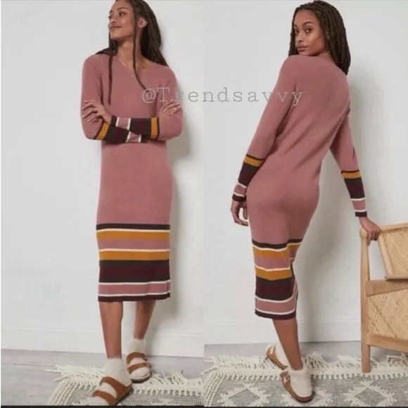 ANTHROPOLOGIE Stripes Long Sleeves Crew Neck Midi Dress Sweater Pink Size S NWT