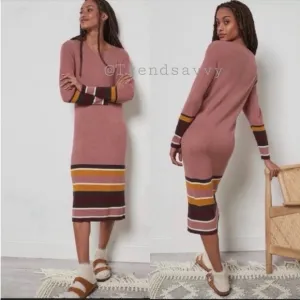 ANTHROPOLOGIE Stripes Long Sleeves Crew Neck Midi Dress Sweater Pink Size S NWT