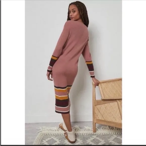 ANTHROPOLOGIE Stripes Long Sleeves Crew Neck Midi Dress Sweater Pink Size S NWT