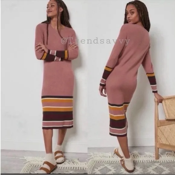 ANTHROPOLOGIE Stripes Pullover Long Sleeve Sweater Midi Dress Crew Neck NWT