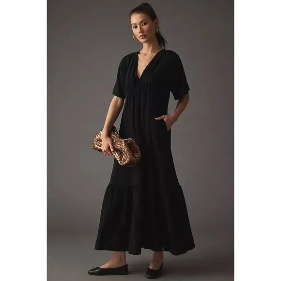 Anthropologie V-Neck Maxi Dress Size XS Black Tiered Short Sleeve Dressy Casual