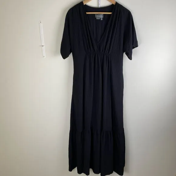 Anthropologie V-Neck Maxi Dress Size XS Black Tiered Short Sleeve Dressy Casual