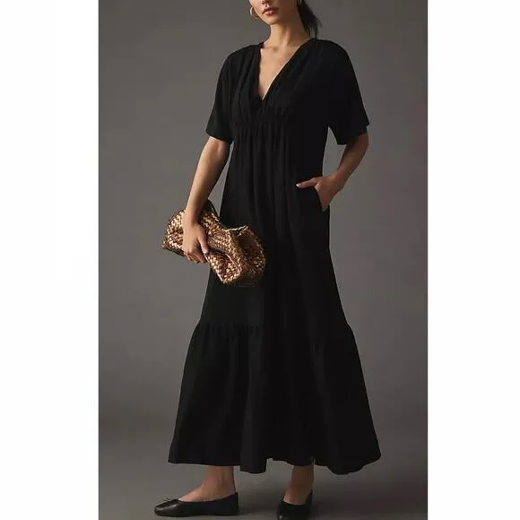 Anthropologie V-Neck Maxi Dress Size XS Black Tiered Short Sleeve Dressy Casual