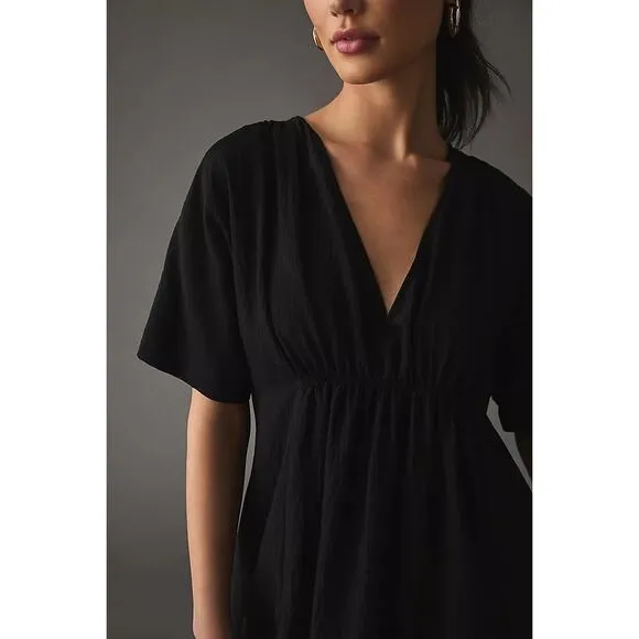 Anthropologie V-Neck Maxi Dress Size XS Black Tiered Short Sleeve Dressy Casual