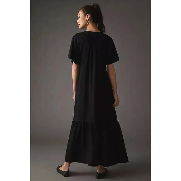 Anthropologie V-Neck Maxi Dress Size XS Black Tiered Short Sleeve Dressy Casual