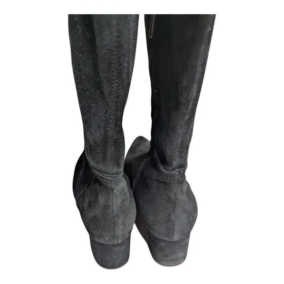 Aquatalia Karly Black Suede Knee High Pointed Toe Block Heel Minimal Boots 9.5