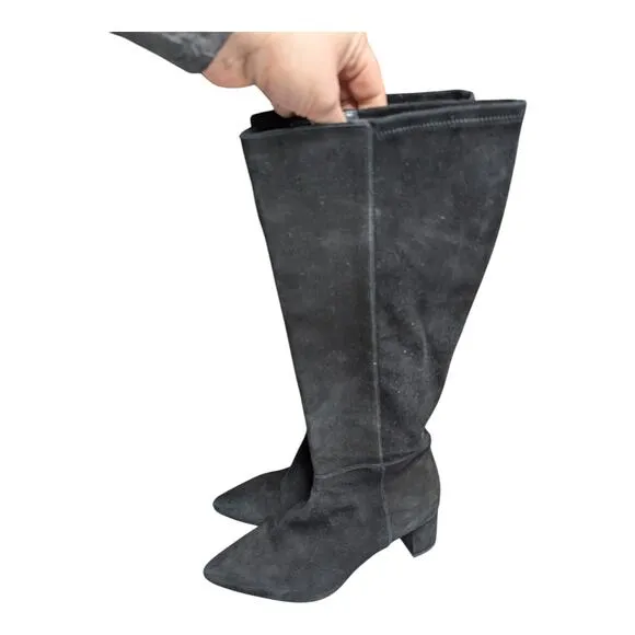 Aquatalia Karly Black Suede Knee High Pointed Toe Block Heel Minimal Boots 9.5