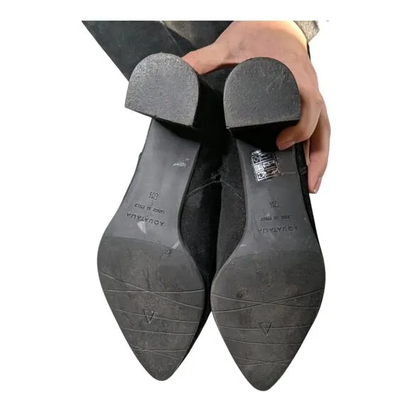 Aquatalia Karly Black Suede Knee High Pointed Toe Block Heel Minimal Boots 9.5