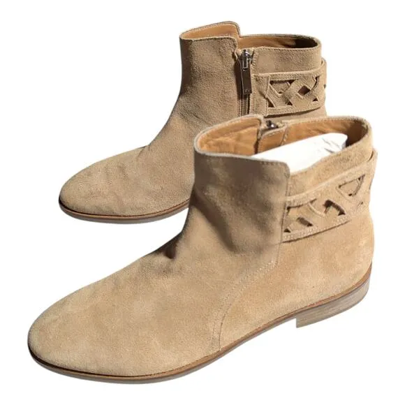Aquatalia Raleigh Beige Water Resistant Suede Almond Toe Woven Ankle Boots Sz 10