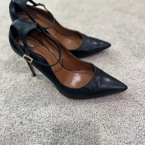 Aquazzura Black Stiletto Heels with Ankle Strap, Women’s Size 38 Italy