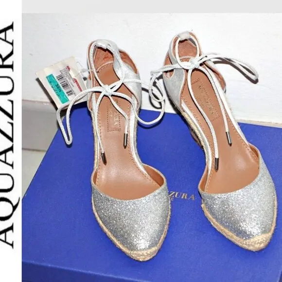 Aquazzura Palm Beach Metallic Glitter Espadrille Wedge Sandals US 5.5(35.5) $595
