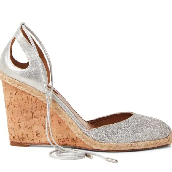 Aquazzura Palm Beach Metallic Glitter Espadrille Wedge Sandals US 5.5(35.5) $595