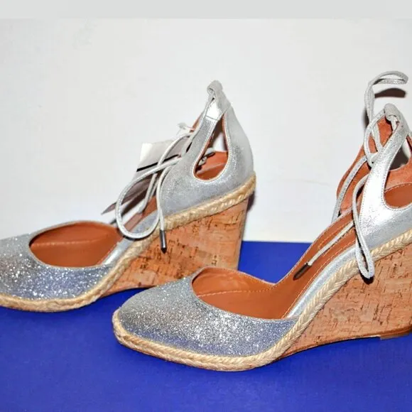 Aquazzura Palm Beach Metallic Glitter Espadrille Wedge Sandals US 5.5(35.5) $595