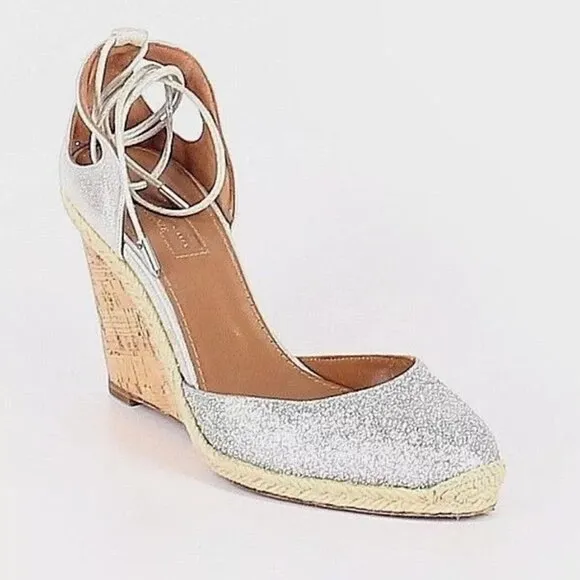 Aquazzura Palm Beach Metallic Glitter Espadrille Wedge Sandals US 5.5(35.5) $595