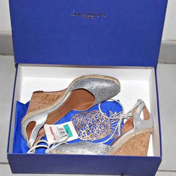Aquazzura Palm Beach Metallic Glitter Espadrille Wedge Sandals US 5.5(35.5) $595