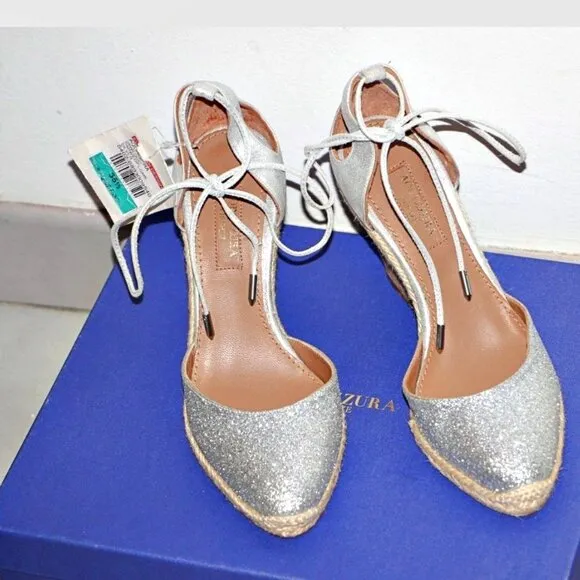 Aquazzura Palm Beach Metallic Glitter Espadrille Wedge Sandals US 5.5(35.5) $595