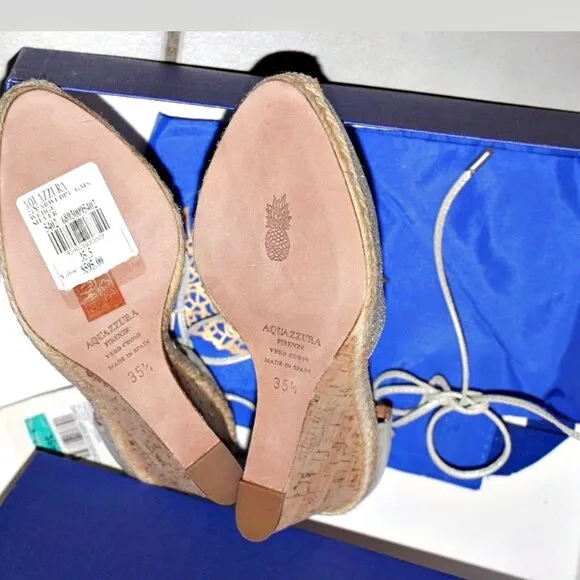 Aquazzura Palm Beach Metallic Glitter Espadrille Wedge Sandals US 5.5(35.5) $595