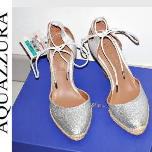 Aquazzura Palm Beach Metallic Glitter Espadrille Wedge Sandals US 5.5(35.5) $595