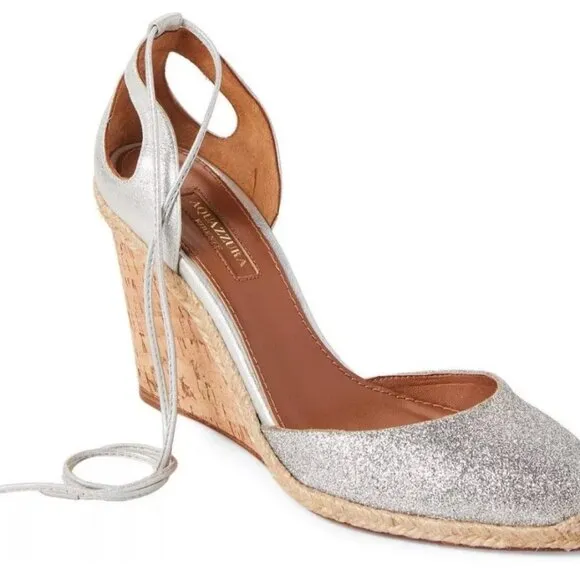 Aquazzura Palm Beach Metallic Glitter Espadrille Wedge Sandals US 5.5(35.5) $595
