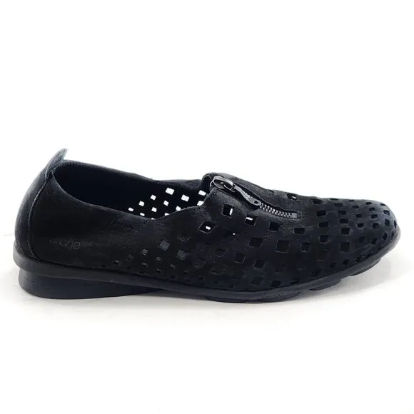 ARCHE Black Nubuck Leather Perforated Flats Zip