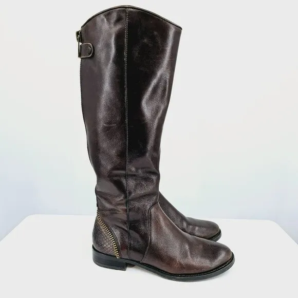 Arturo Chiang Falicity Tall Knee Boots 7.5 M Brown Leather Snakeskin Gold Zipper