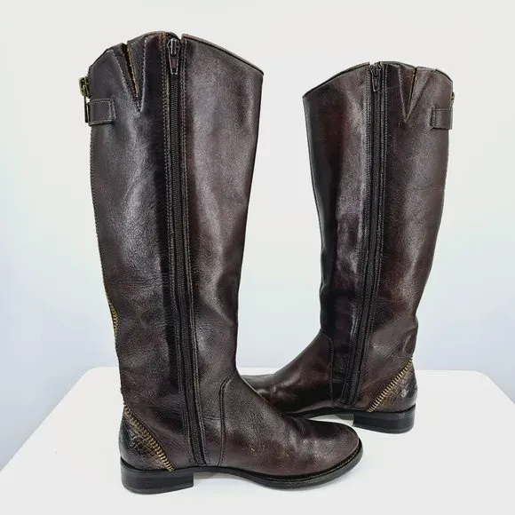 Arturo Chiang Falicity Tall Knee Boots 7.5 M Brown Leather Snakeskin Gold Zipper