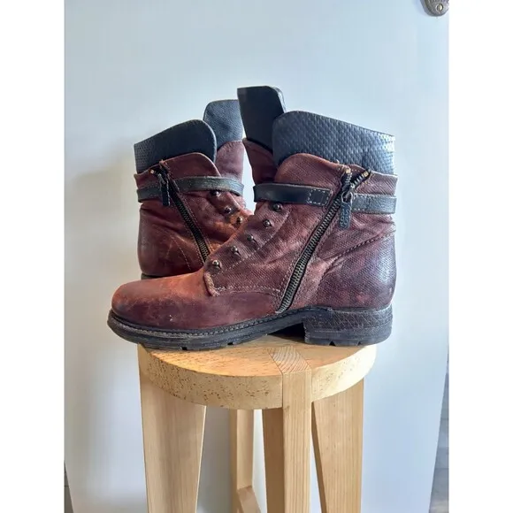 A.S 98 Burgundy Textured Leather Boho Combat Boots Shoes Size EUR 39/US 8.5-9
