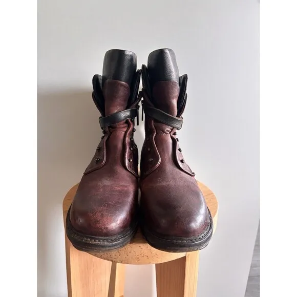 A.S 98 Burgundy Textured Leather Boho Combat Boots Shoes Size EUR 39/US 8.5-9